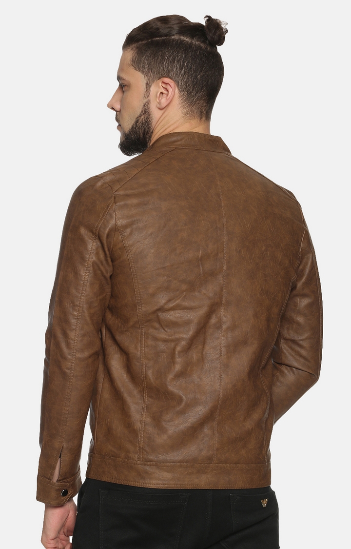 Showoff | Men Khaki Casual Solid Leather jacket 3