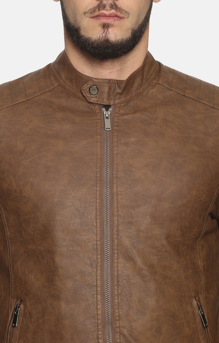 Showoff | Men Khaki Casual Solid Leather jacket 4