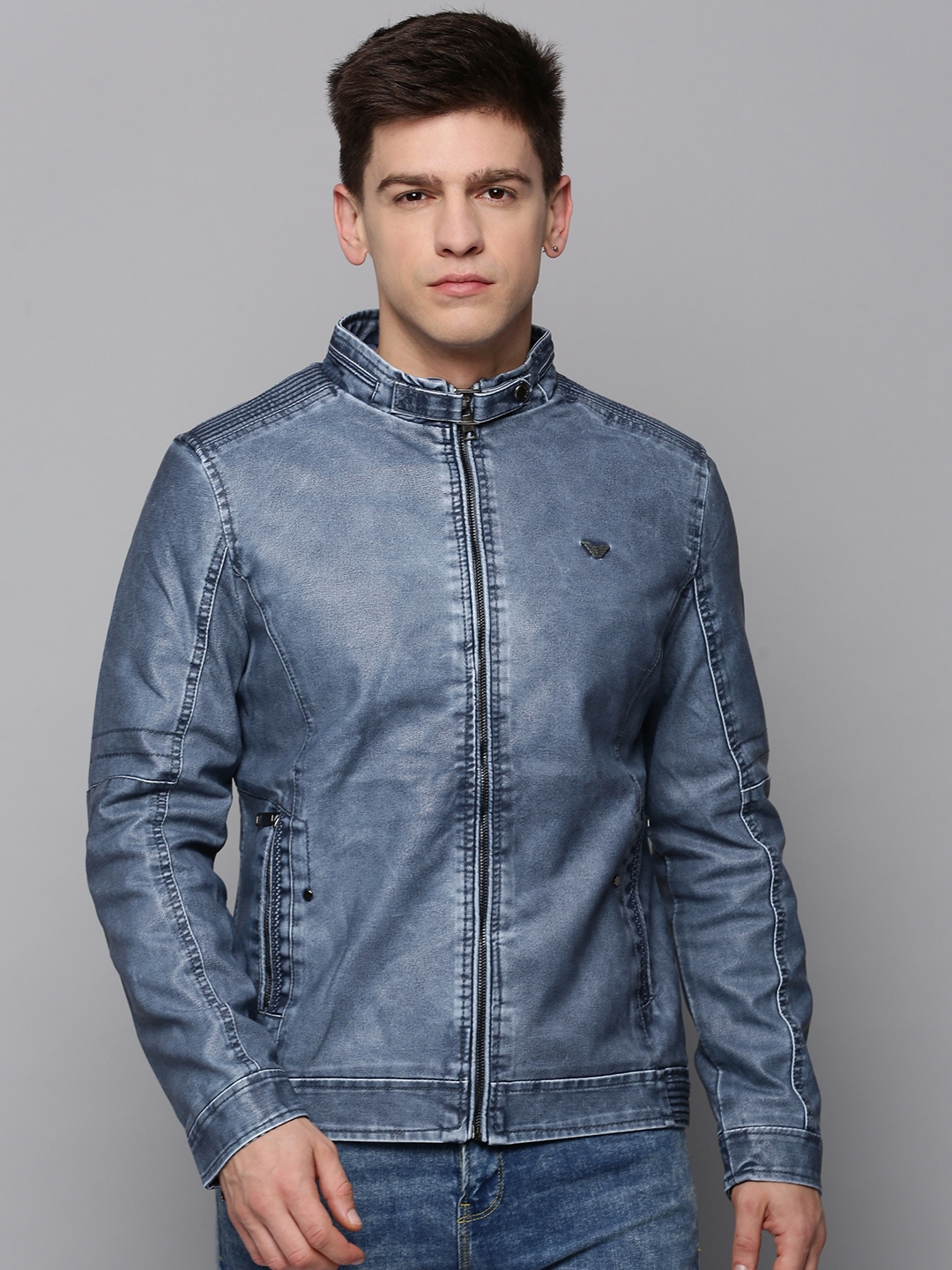 Showoff | SHOWOFF Men's Mandarin Collar Blue Solid Leather Jacket 1