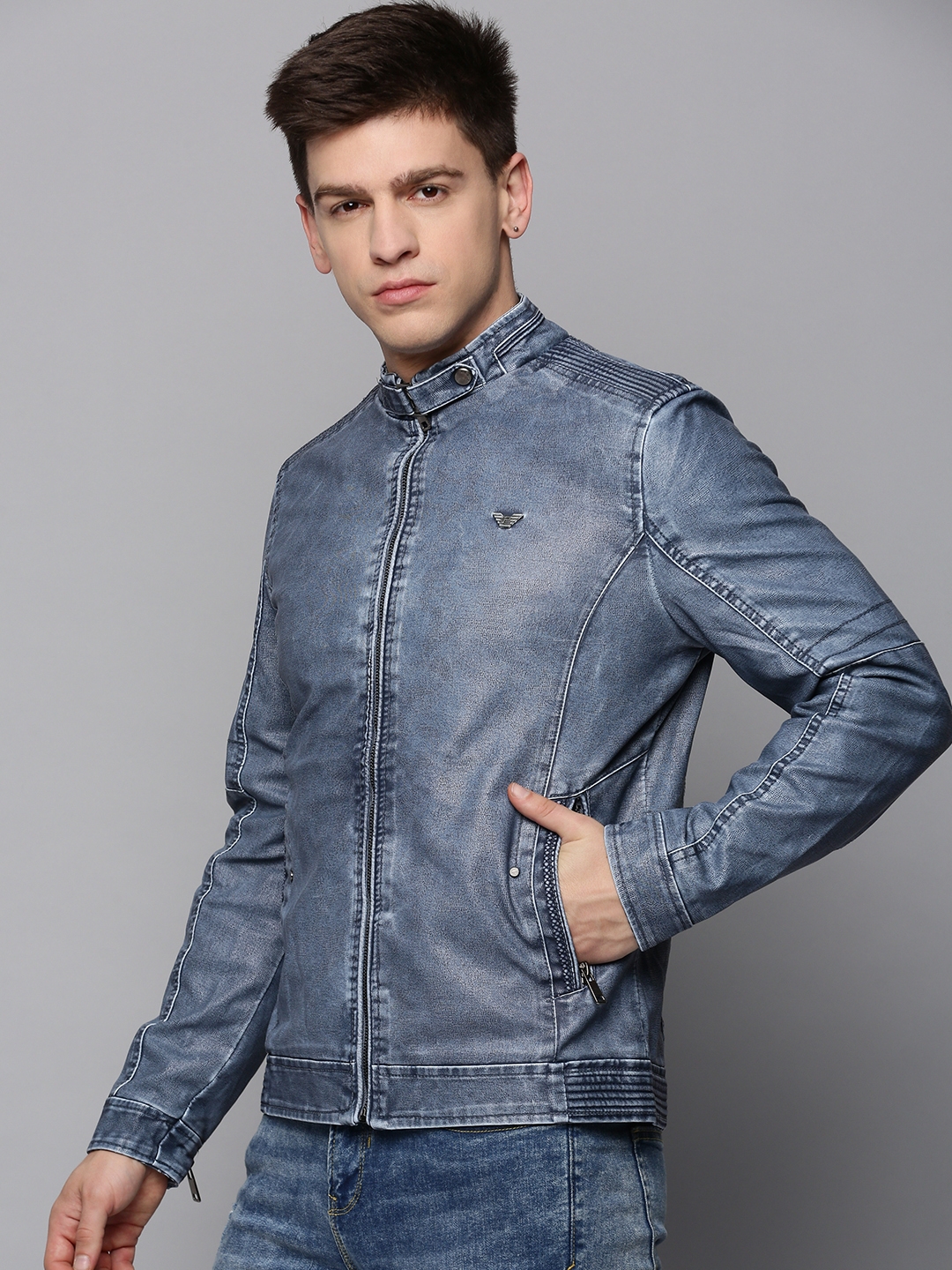 Showoff | SHOWOFF Men's Mandarin Collar Blue Solid Leather Jacket 2