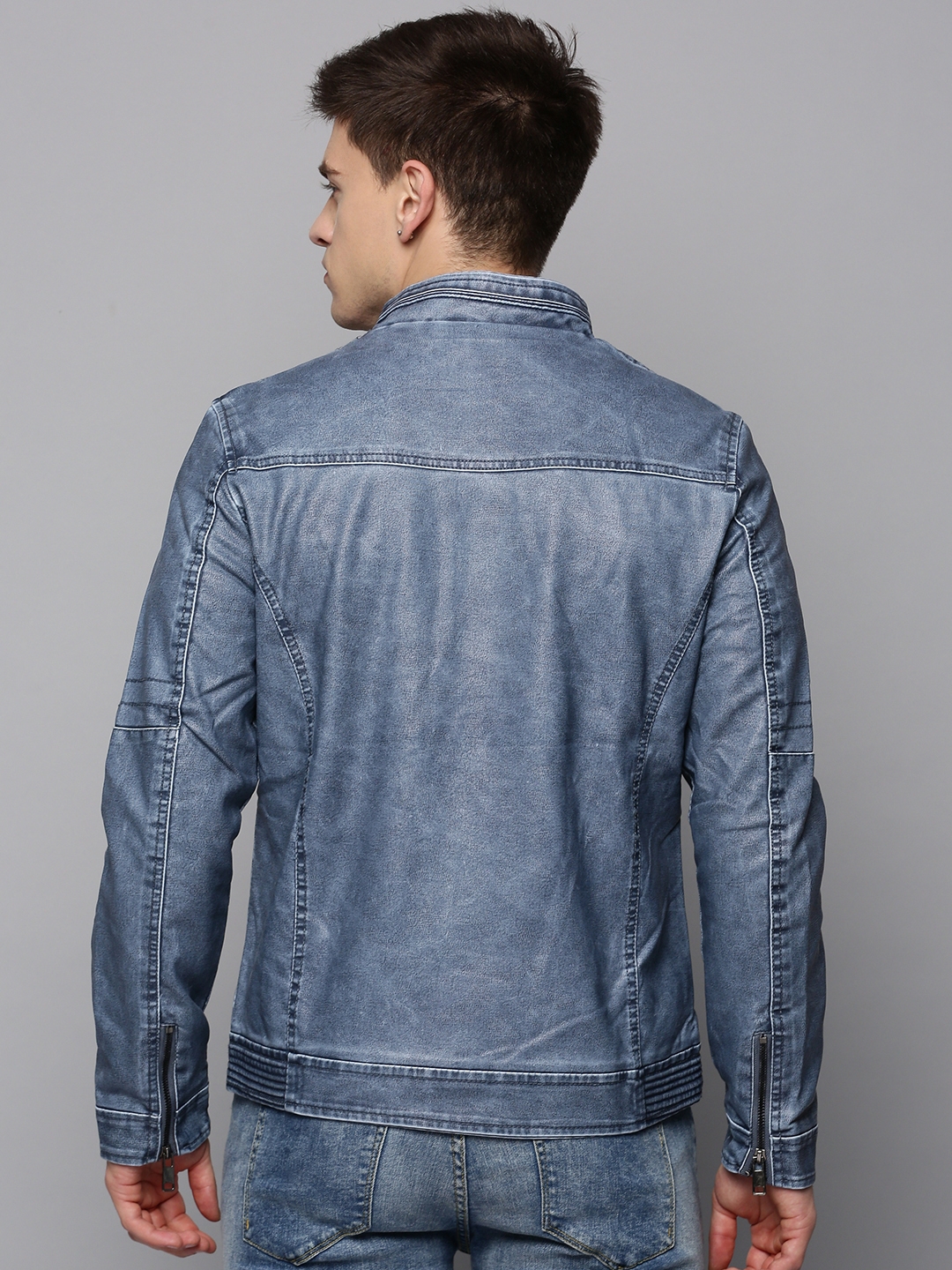 Showoff | SHOWOFF Men's Mandarin Collar Blue Solid Leather Jacket 3