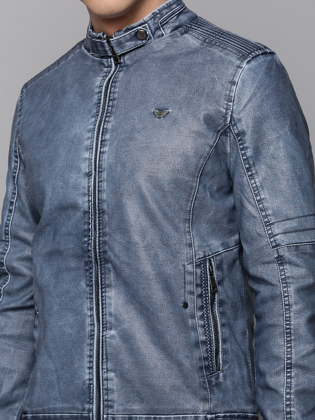 Showoff | SHOWOFF Men's Mandarin Collar Blue Solid Leather Jacket 5