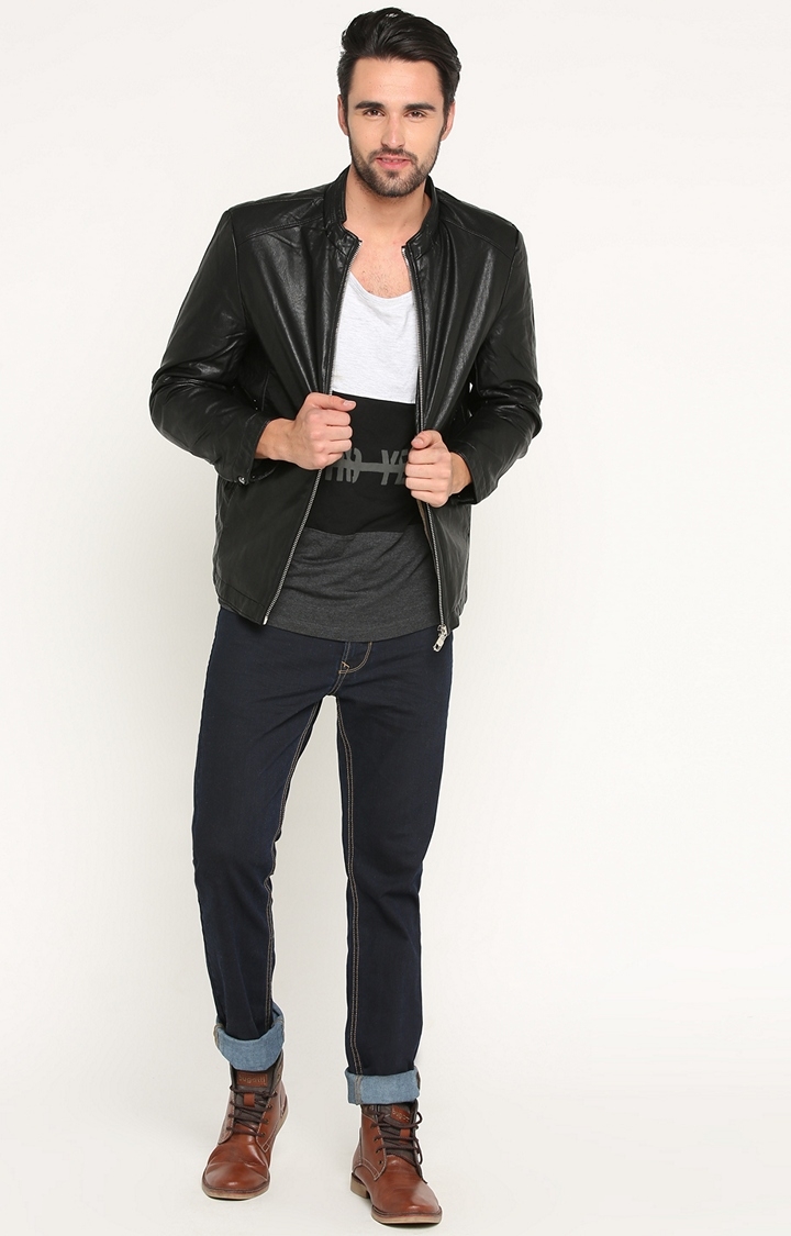 Showoff | SHOWOFF Men's Leather Full Sleeve Solid Black Casual Jacket 1