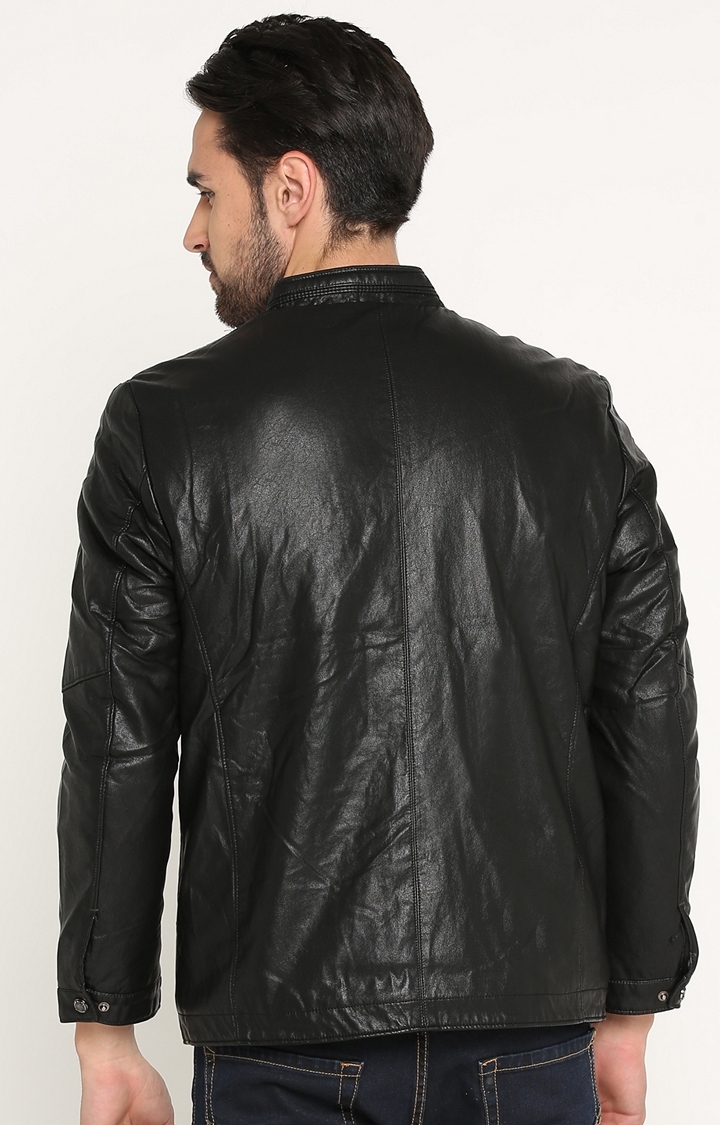 Showoff | SHOWOFF Men's Leather Full Sleeve Solid Black Casual Jacket 3