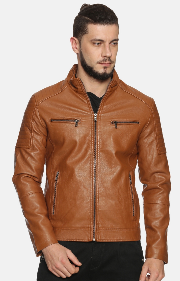 Showoff | Men Brown Solid Leather jacket with Detachable Hood 0