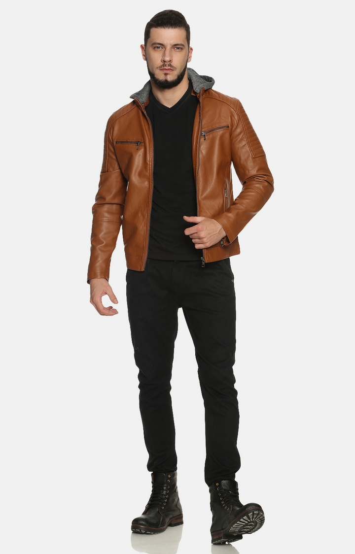 Showoff | Men Brown Solid Leather jacket with Detachable Hood 1