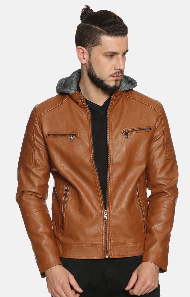 Showoff | Men Brown Solid Leather jacket with Detachable Hood 2