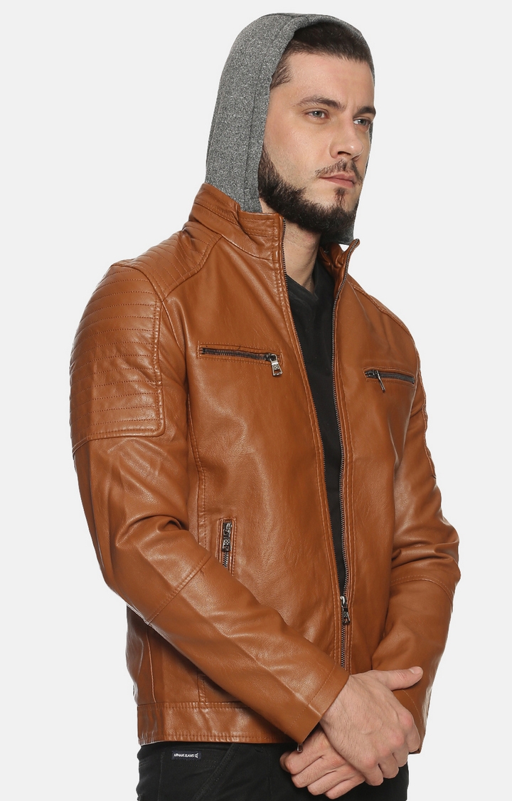 Showoff | Men Brown Solid Leather jacket with Detachable Hood 3