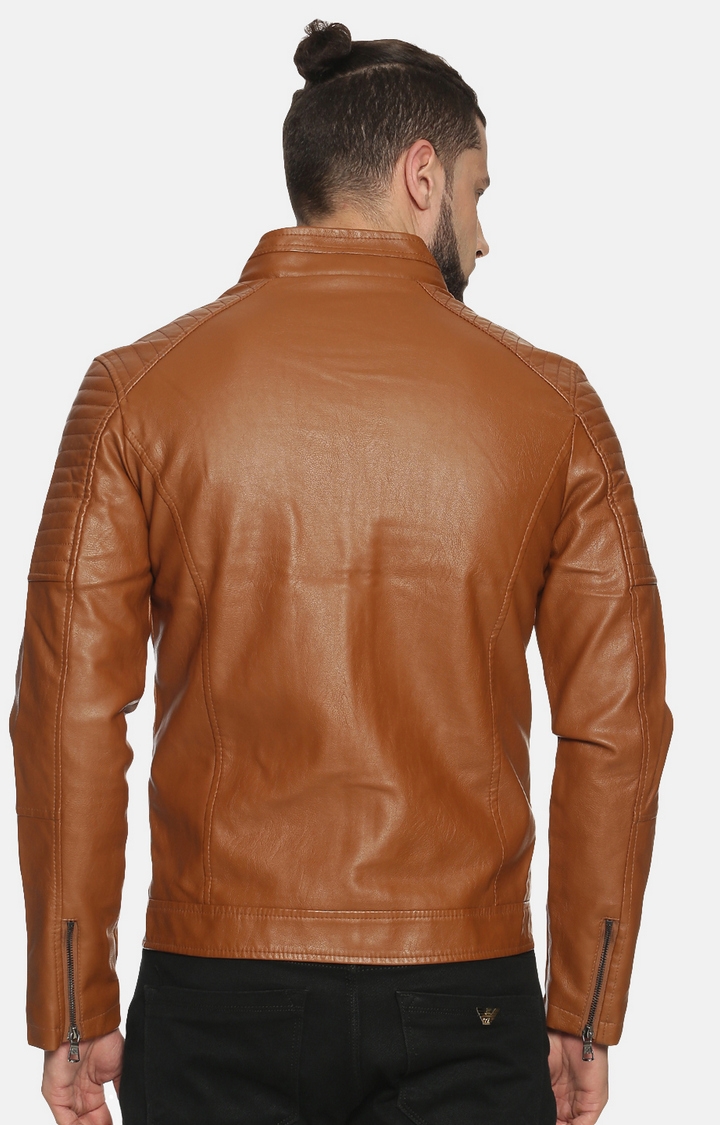 Showoff | Men Brown Solid Leather jacket with Detachable Hood 4