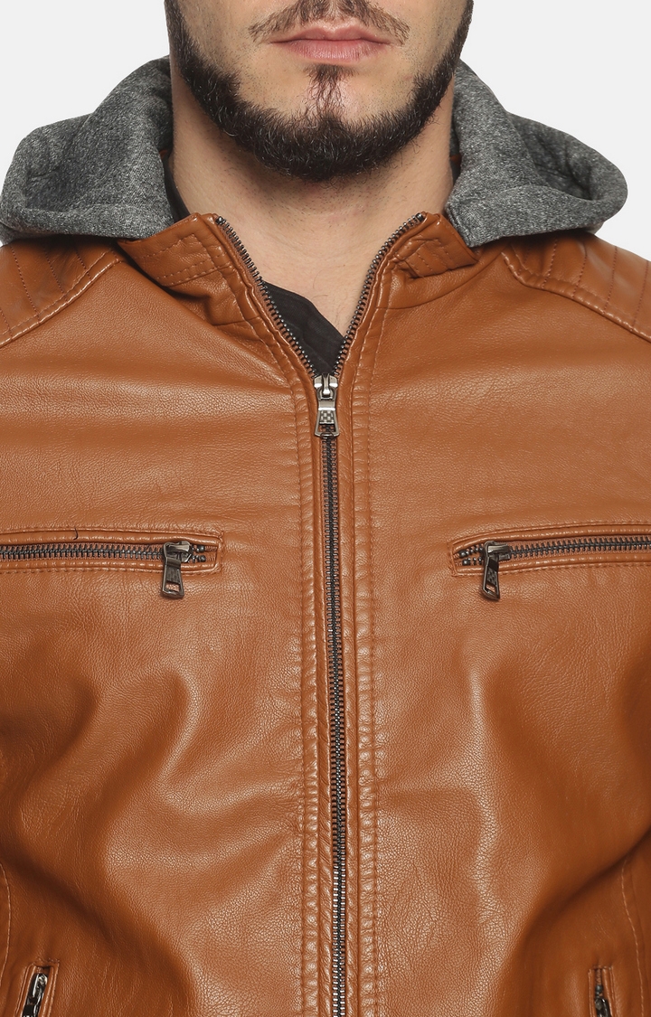 Showoff | Men Brown Solid Leather jacket with Detachable Hood 5
