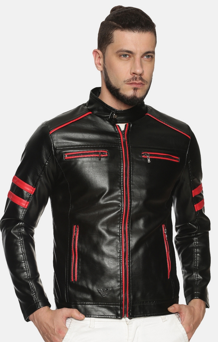 Showoff | Men Black Casual Solid Leather jacket 0