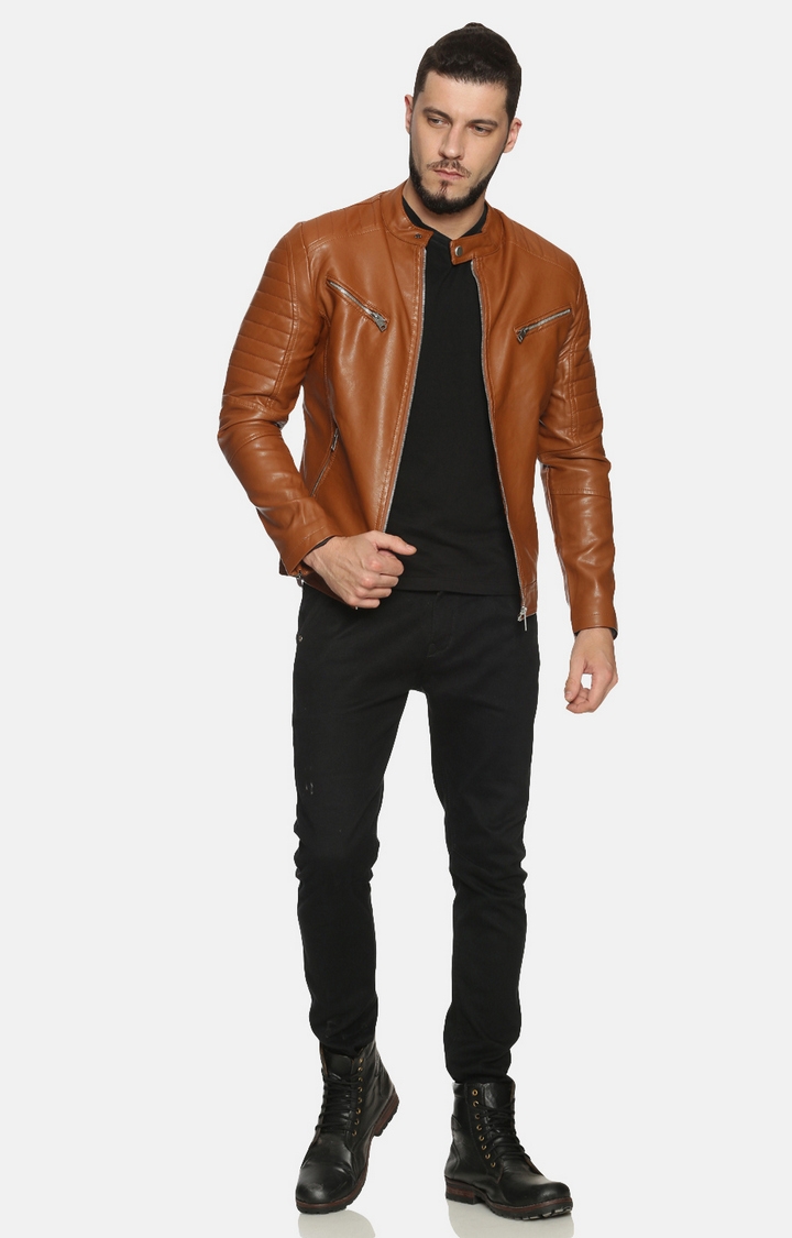 Showoff | SHOWOFF Men Brown Solid Mandarin Collar Full Sleeves Slim Fit Mid Length Jacket 1