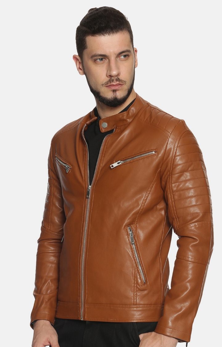 Showoff | SHOWOFF Men Brown Solid Mandarin Collar Full Sleeves Slim Fit Mid Length Jacket 2