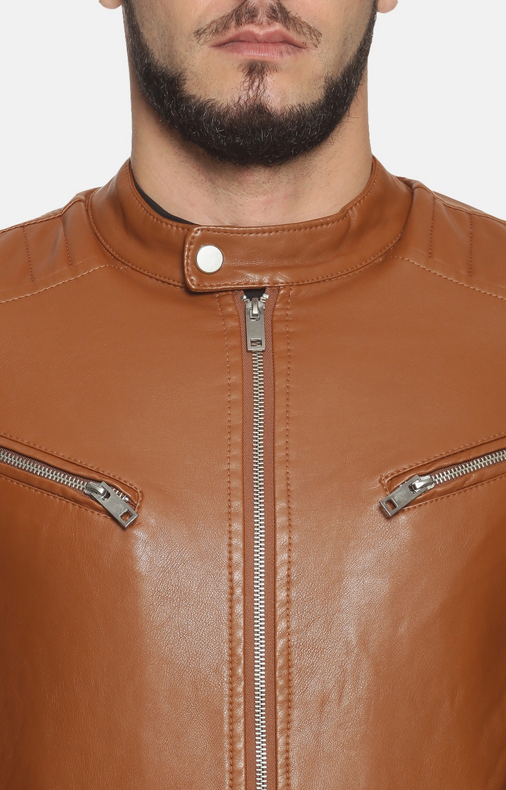 Showoff | SHOWOFF Men Brown Solid Mandarin Collar Full Sleeves Slim Fit Mid Length Jacket 4