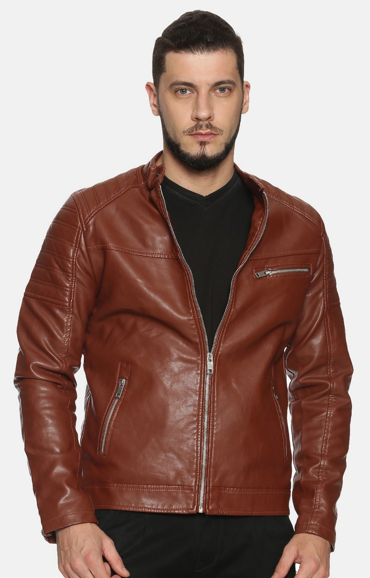 Showoff | Men Brown Casual Solid Leather jacket 0