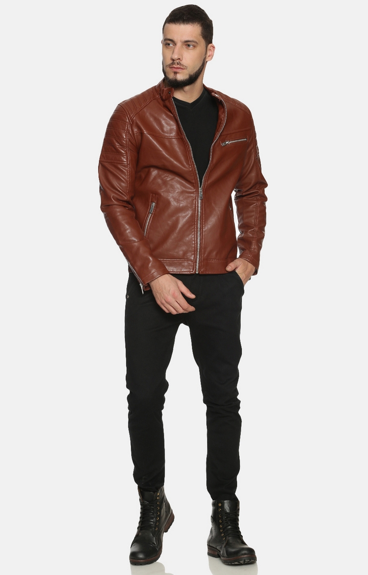 Showoff | Men Brown Casual Solid Leather jacket 1