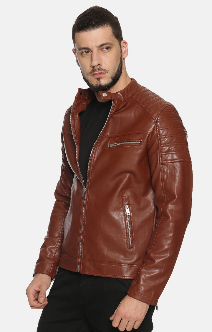 Showoff | Men Brown Casual Solid Leather jacket 2