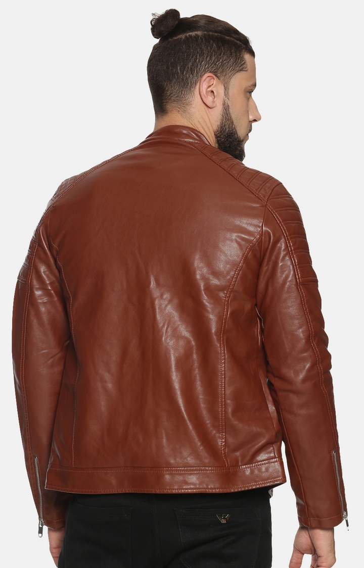 Showoff | Men Brown Casual Solid Leather jacket 3