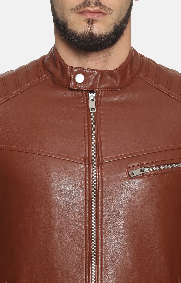 Showoff | Men Brown Casual Solid Leather jacket 4