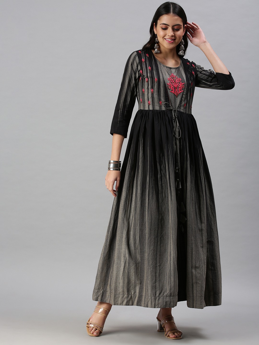 SHOWOFF Women Grey Floral Round Neck Three-Quarter Sleeves Ankle Length Anarkali Kurta