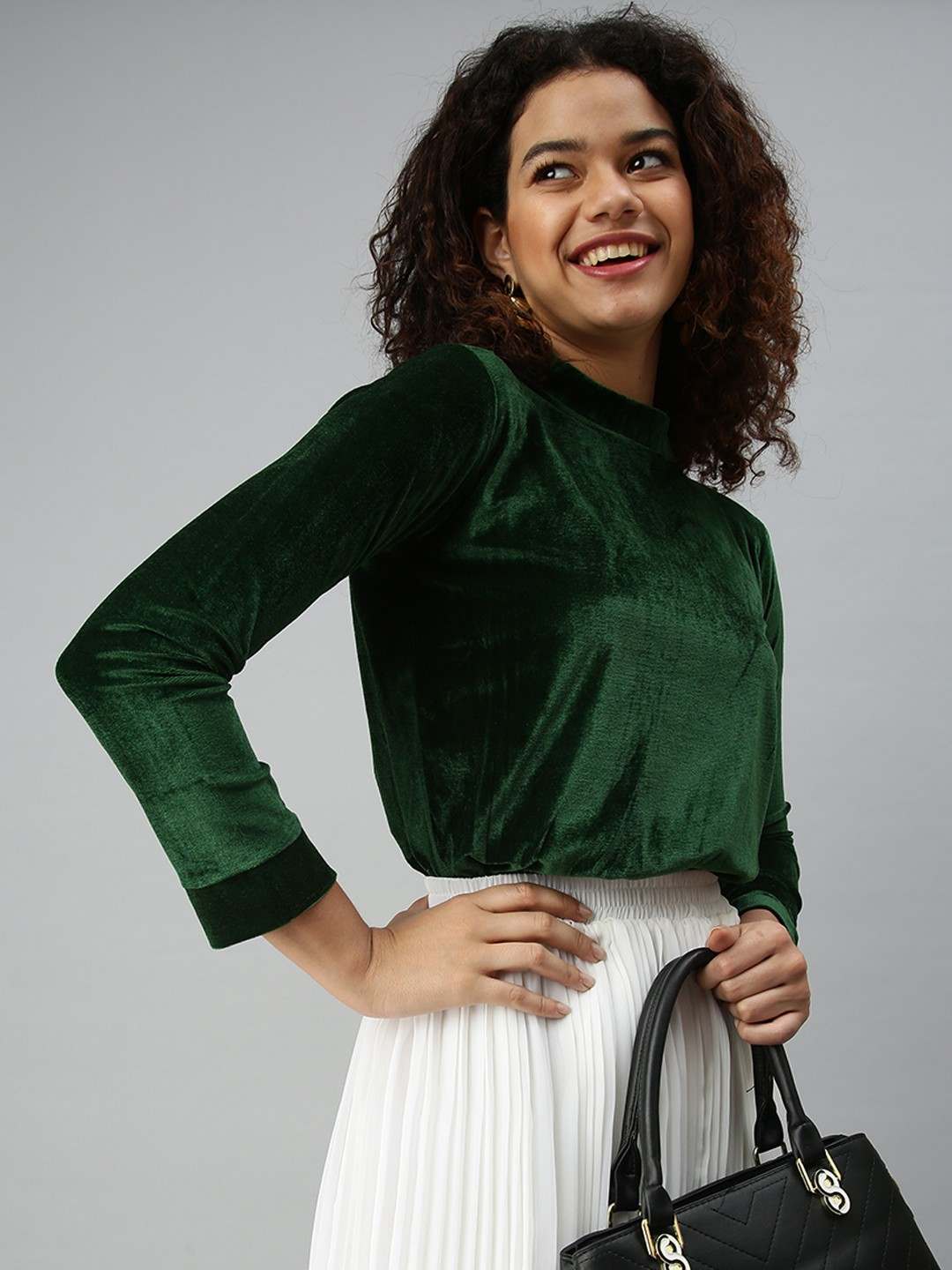 SHOWOFF Women Green Solid Choker Neck Full Sleeves Regular Top