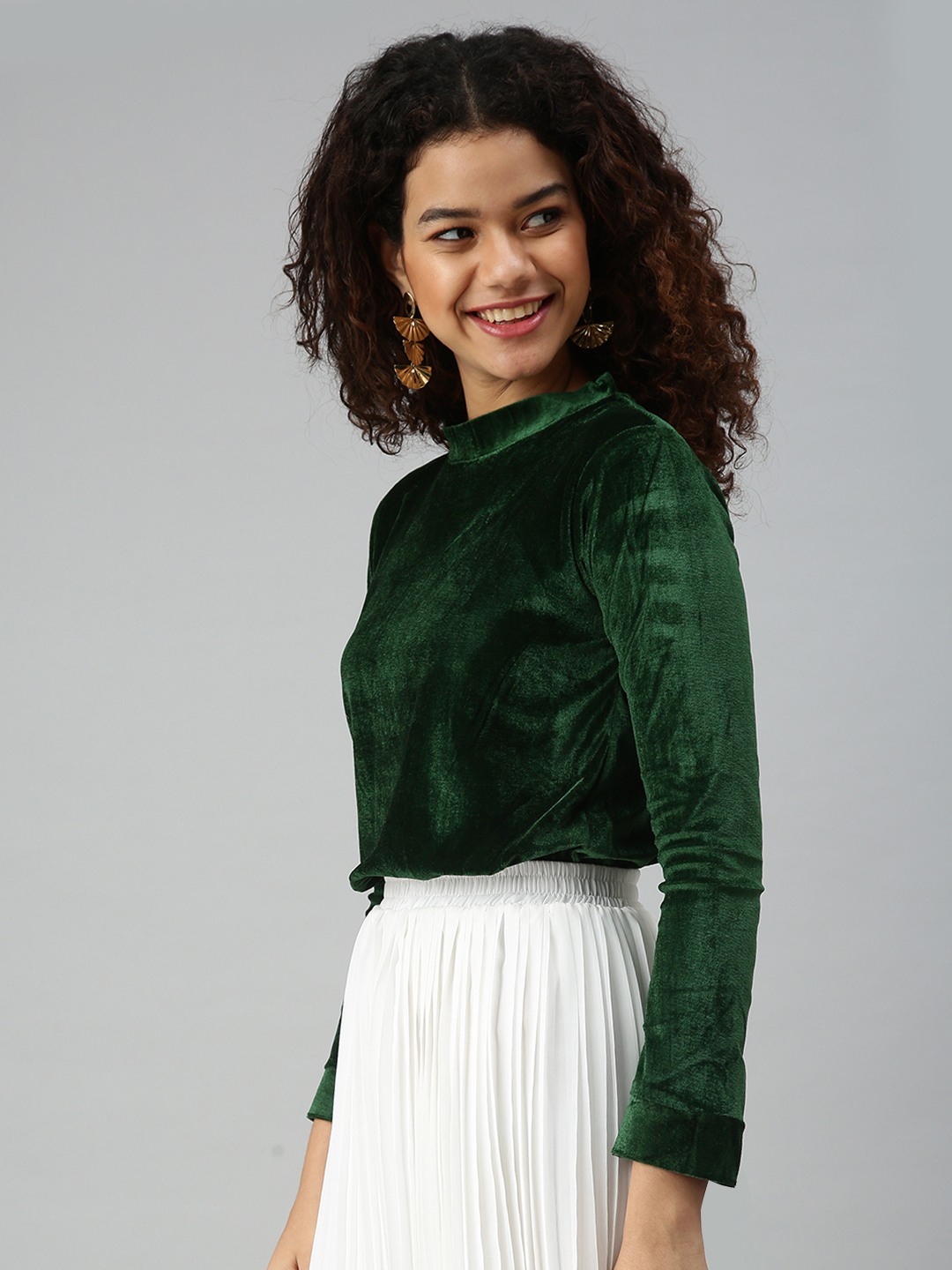SHOWOFF Women Green Solid Choker Neck Full Sleeves Regular Top