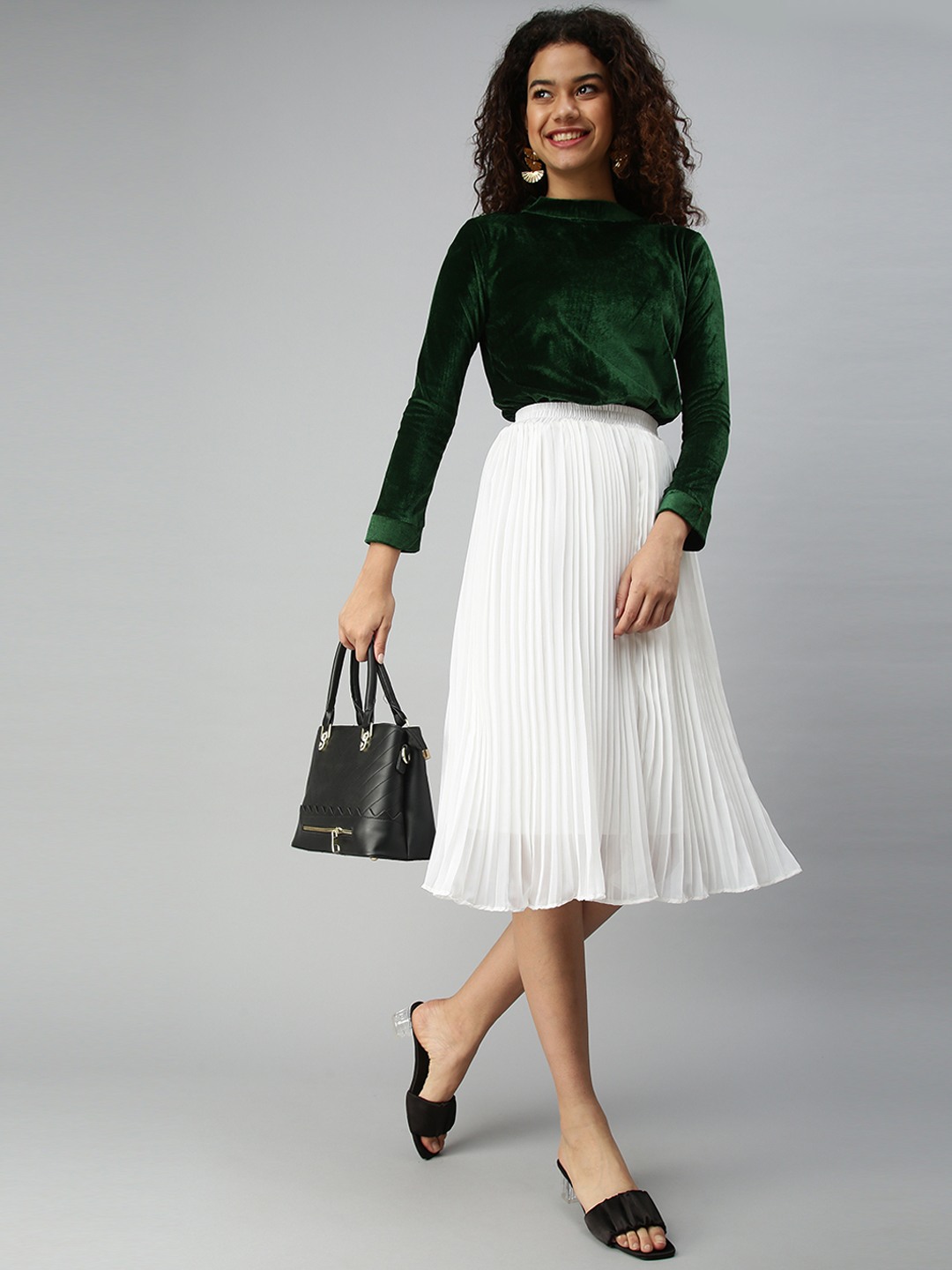 SHOWOFF Women Green Solid Choker Neck Full Sleeves Regular Top