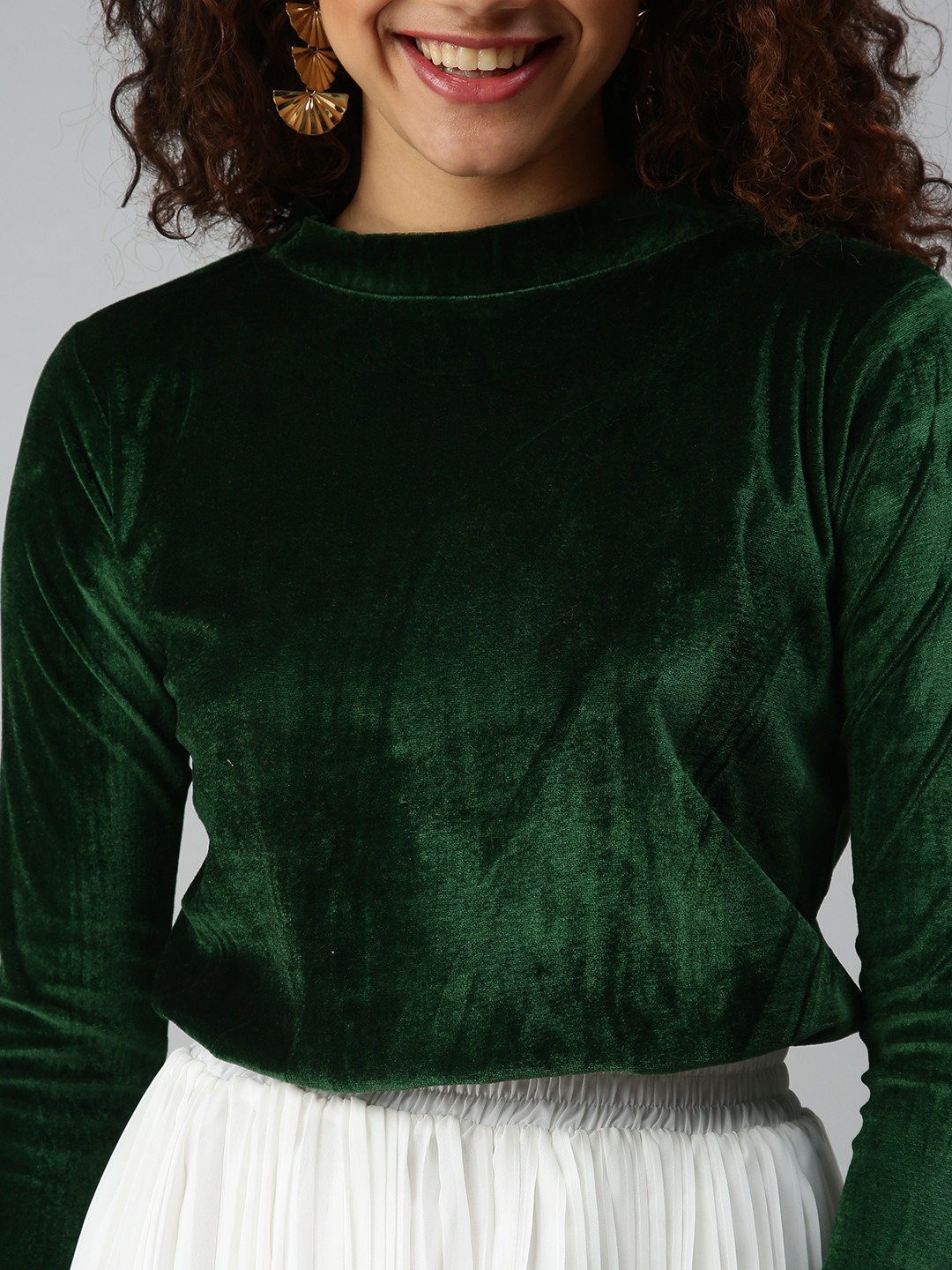 SHOWOFF Women Green Solid Choker Neck Full Sleeves Regular Top