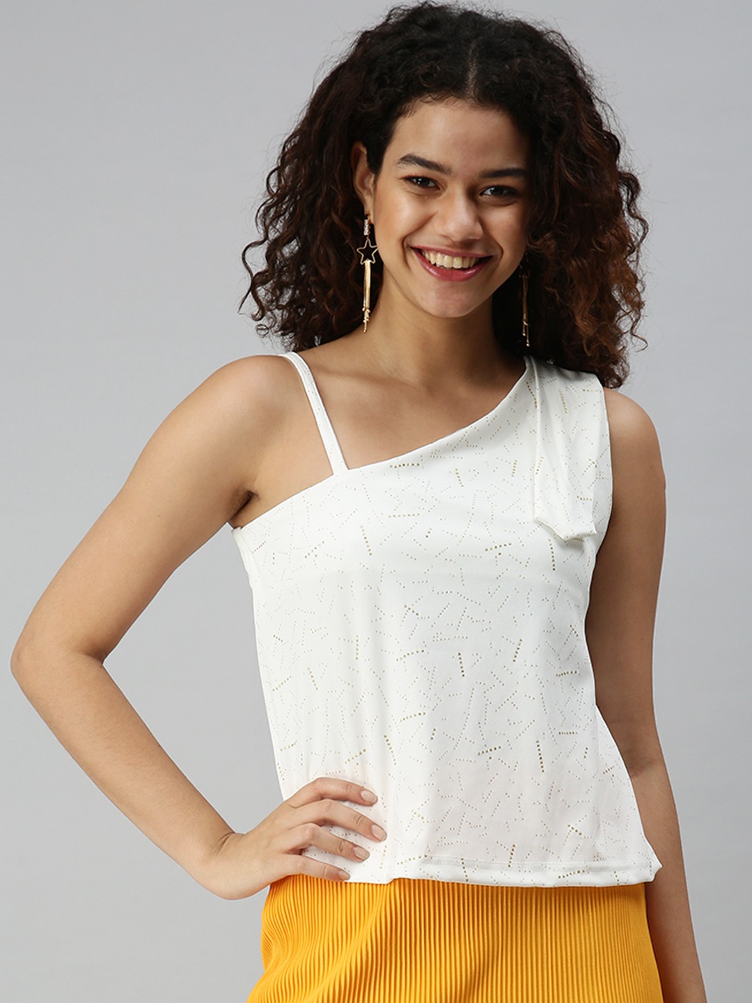 SHOWOFF Women White Embellished One Shoulder Sleeveless Crop Boxy Top