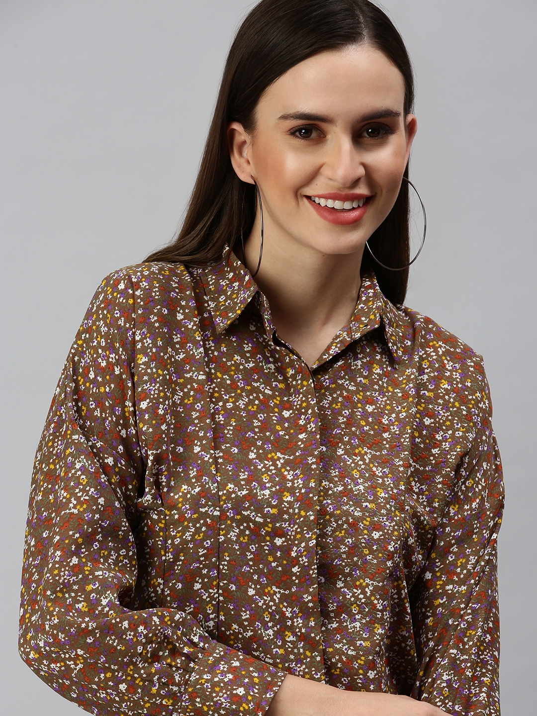 Showoff | SHOWOFF Women Brown Printed Collar Full Sleeves Casual Shirt 0