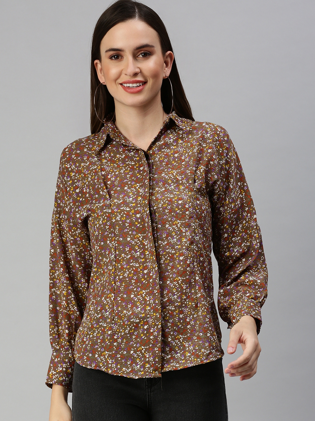 Showoff | SHOWOFF Women Brown Printed Collar Full Sleeves Casual Shirt 1