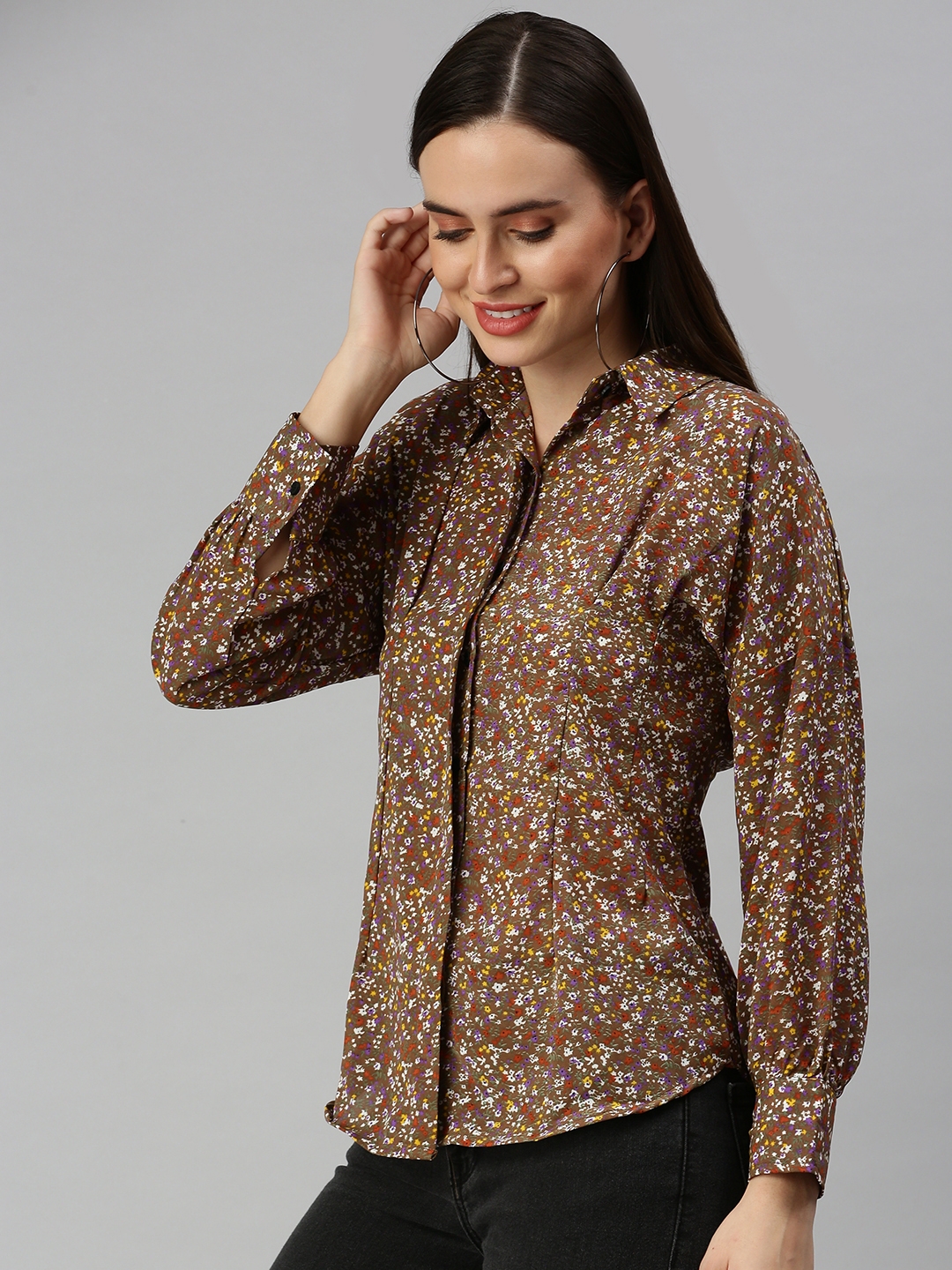 Showoff | SHOWOFF Women Brown Printed Collar Full Sleeves Casual Shirt 2