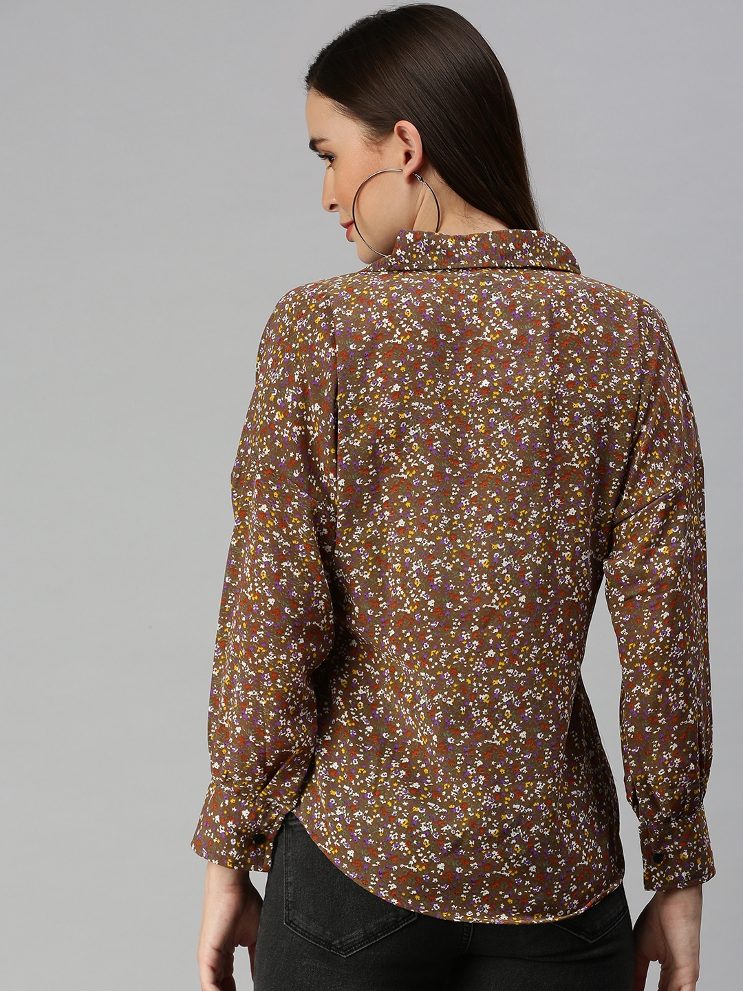 Showoff | SHOWOFF Women Brown Printed Collar Full Sleeves Casual Shirt 3