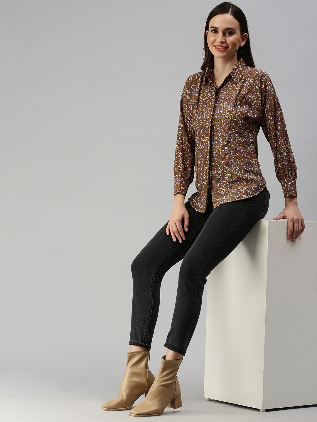 Showoff | SHOWOFF Women Brown Printed Collar Full Sleeves Casual Shirt 4
