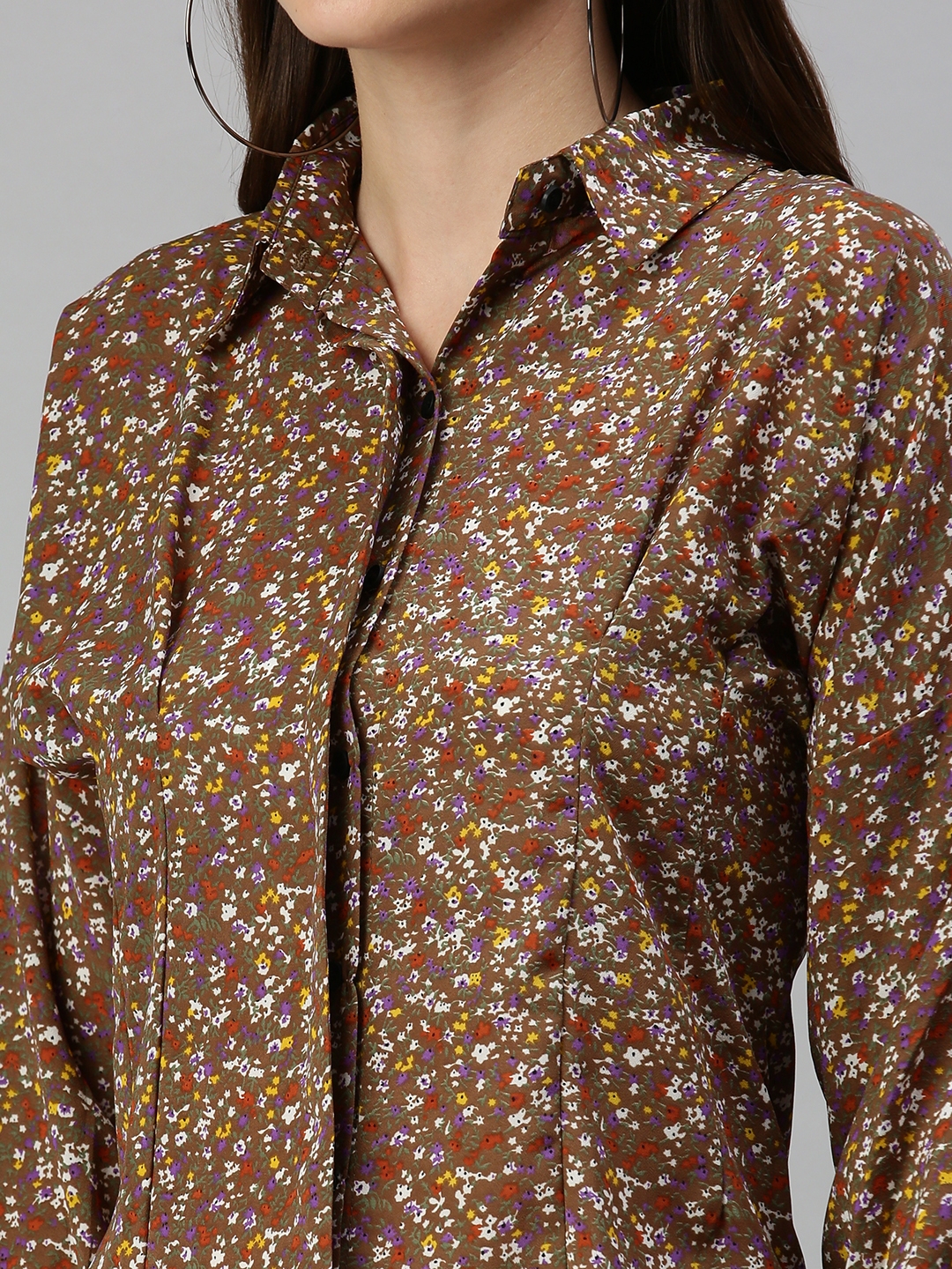 Showoff | SHOWOFF Women Brown Printed Collar Full Sleeves Casual Shirt 5