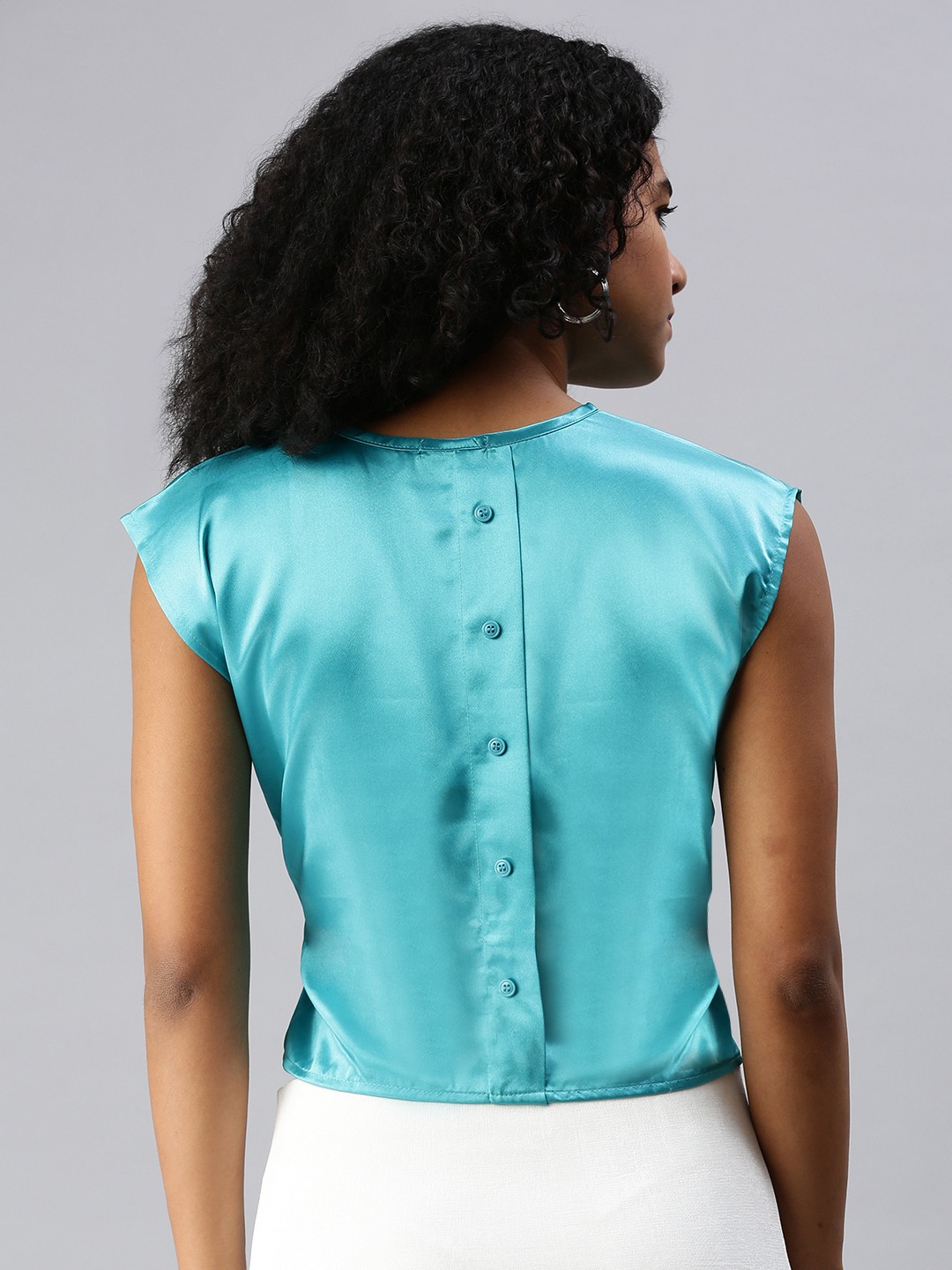 SHOWOFF Women Turquoise Blue Printed Sweetheart Neckline Short Sleeves Regular Corset Top