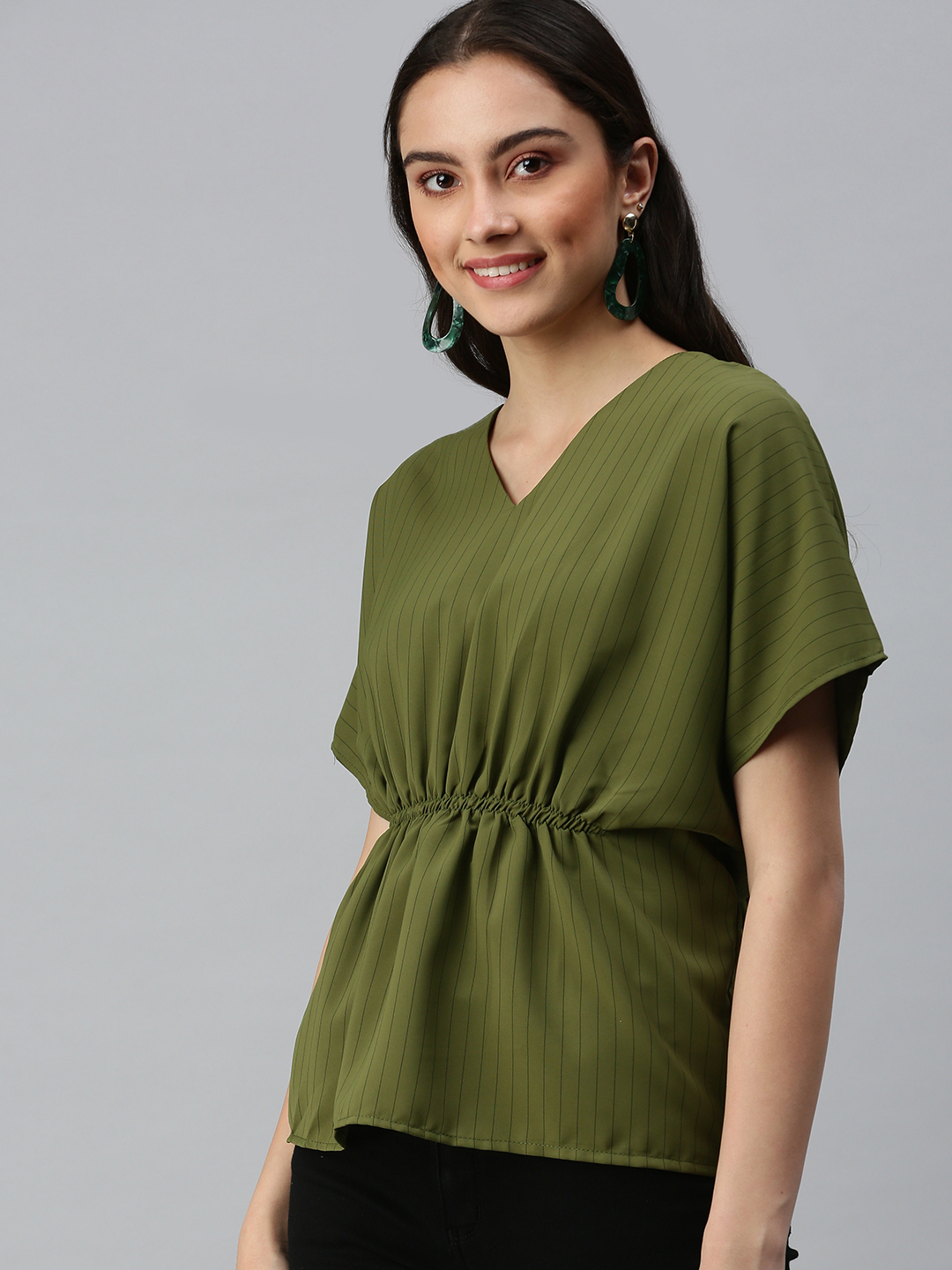SHOWOFF Women's V-Neck Kimono Sleeves Striped Olive Top