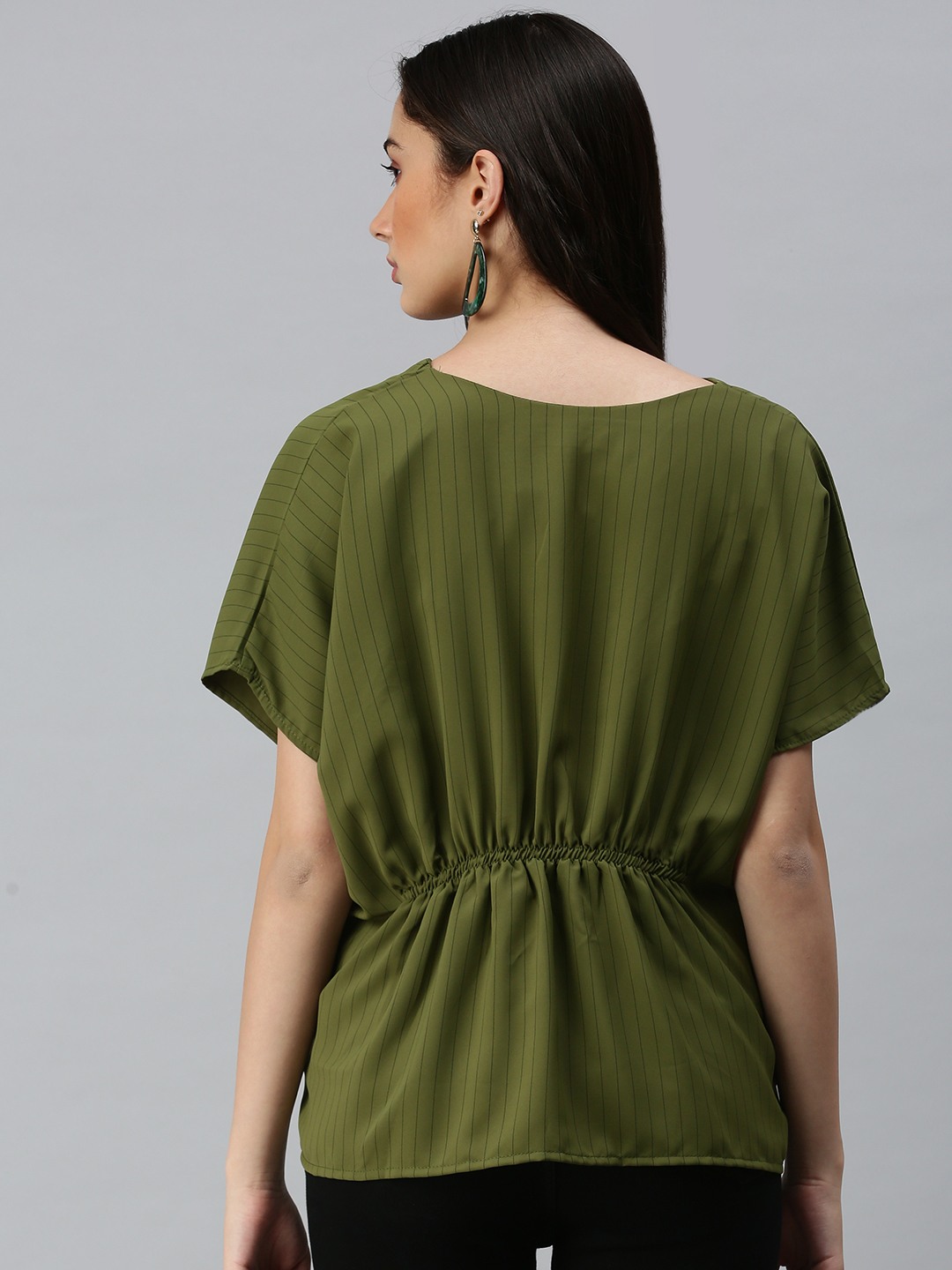SHOWOFF Women's V-Neck Kimono Sleeves Striped Olive Top