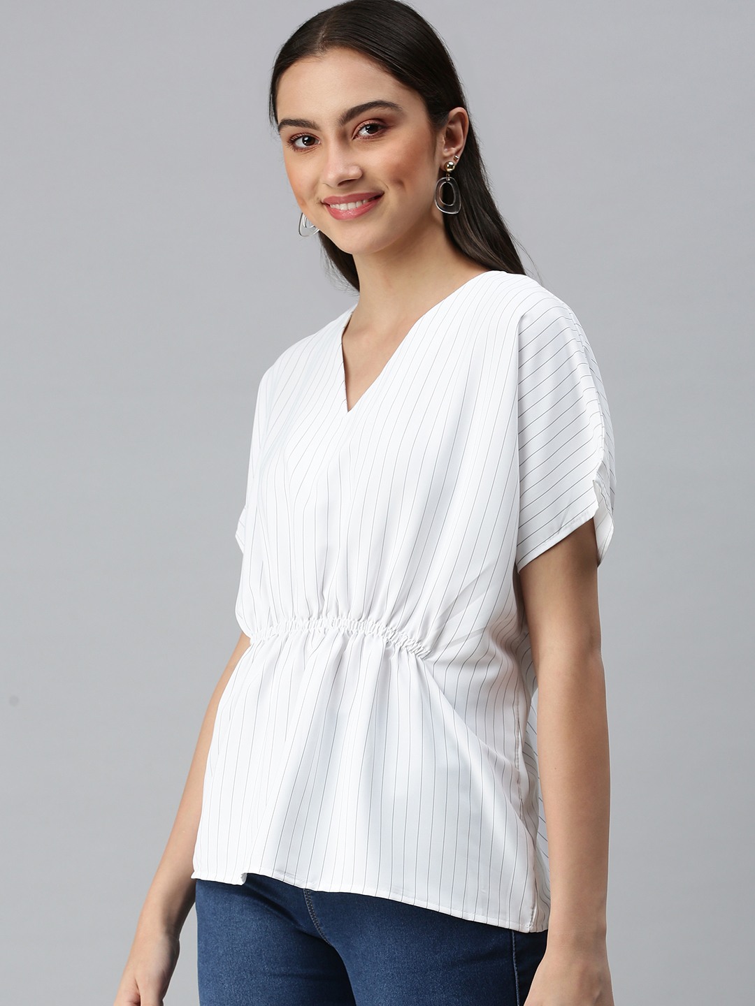 SHOWOFF Women's V-Neck Kimono Sleeves Striped White Top