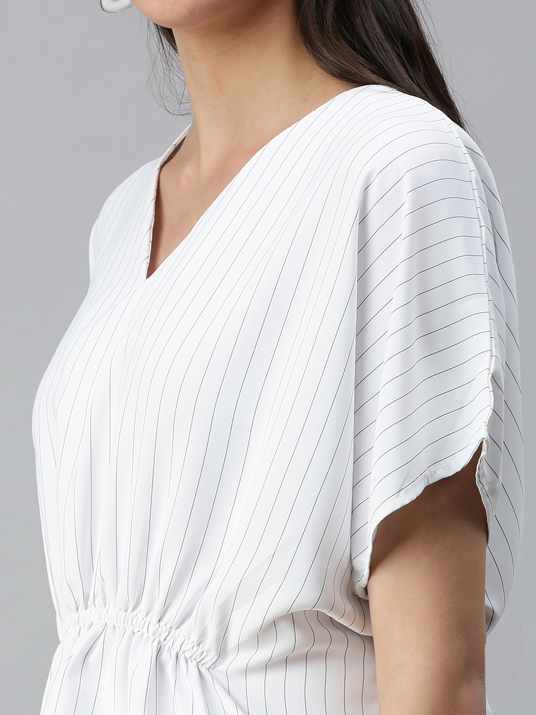 SHOWOFF Women's V-Neck Kimono Sleeves Striped White Top