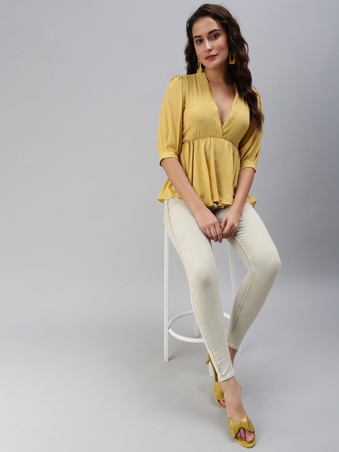 SHOWOFF Women Yellow Solid V Neck Three-Quarter Sleeves Regular Peplum Top