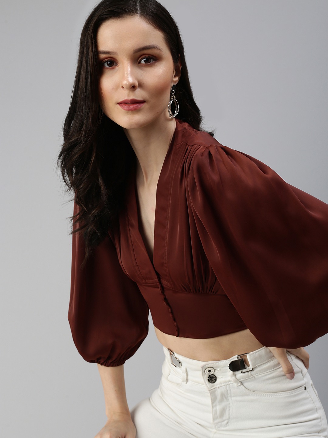 SHOWOFF Women Brown Solid V Neck Full Sleeves Crop Corset Top