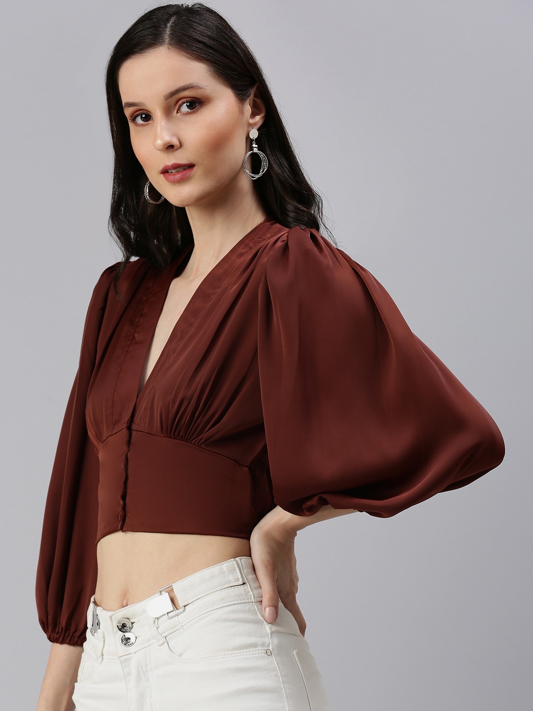 SHOWOFF Women Brown Solid V Neck Full Sleeves Crop Corset Top