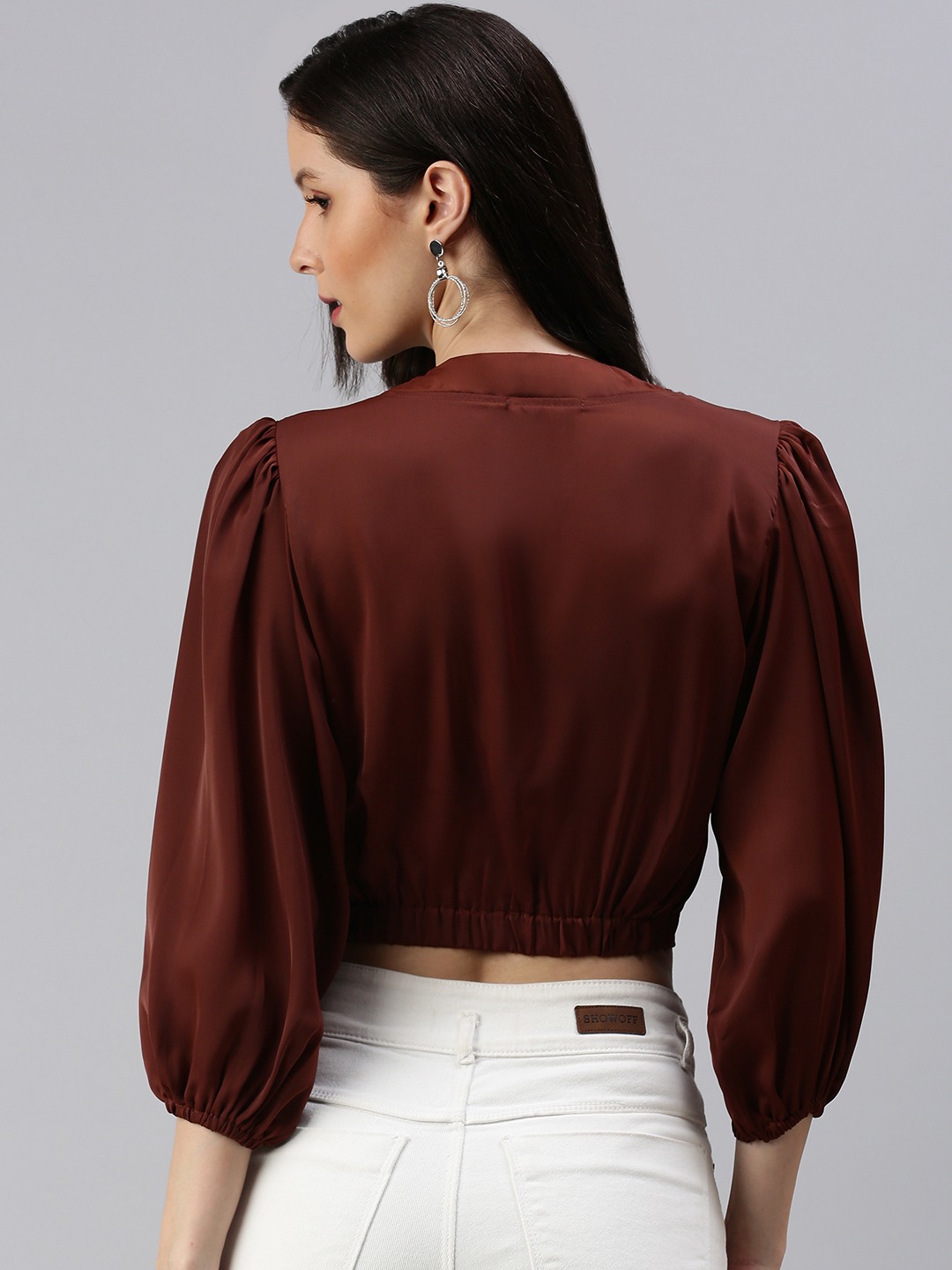 SHOWOFF Women Brown Solid V Neck Full Sleeves Crop Corset Top