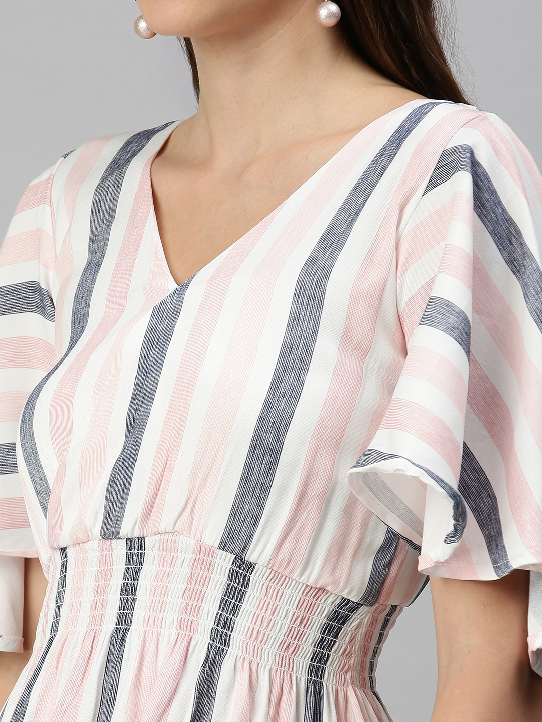 Showoff | SHOWOFF Women Pink Striped V Neck Short Sleeves Regular Peplum Top 5
