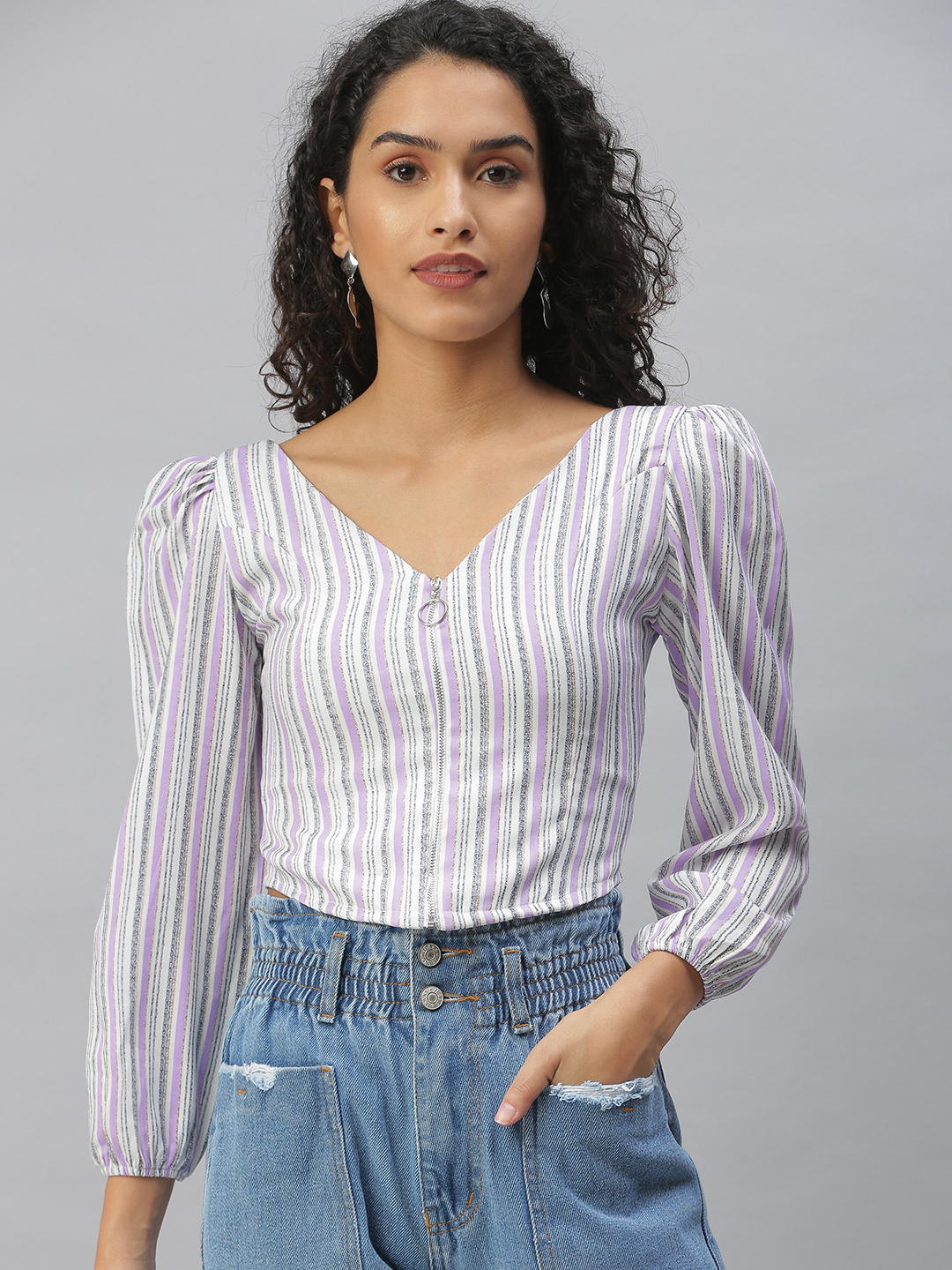 SHOWOFF Women Purple Striped V Neck Three-Quarter Sleeves Crop Fitted Top