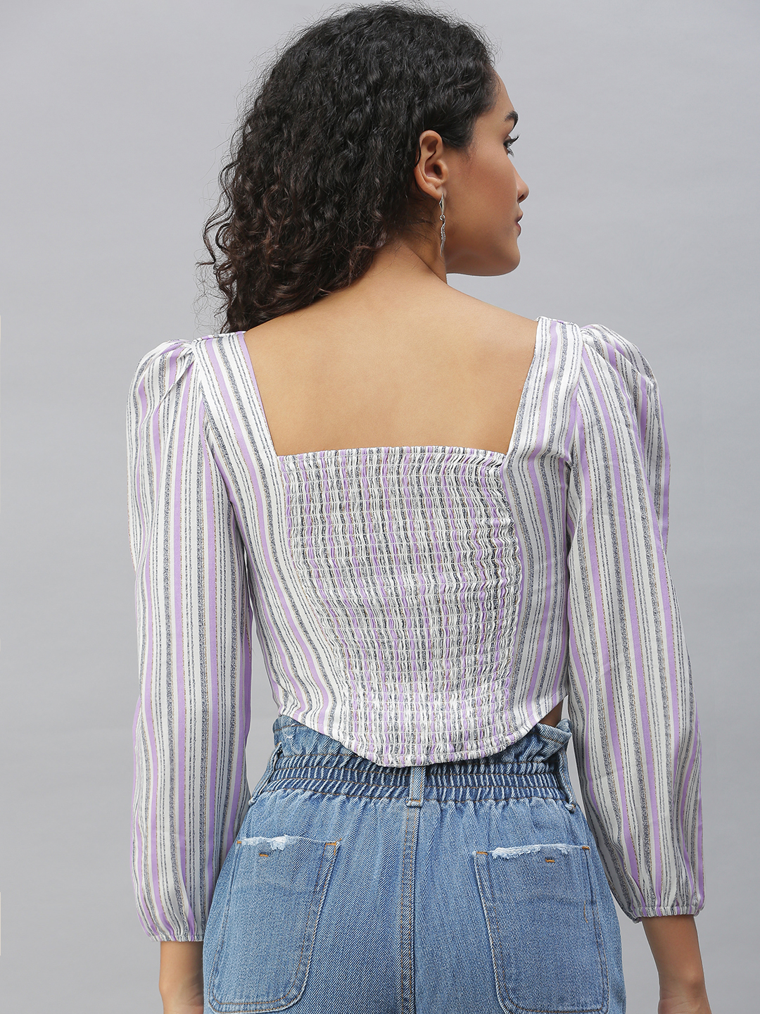 SHOWOFF Women Purple Striped V Neck Three-Quarter Sleeves Crop Fitted Top