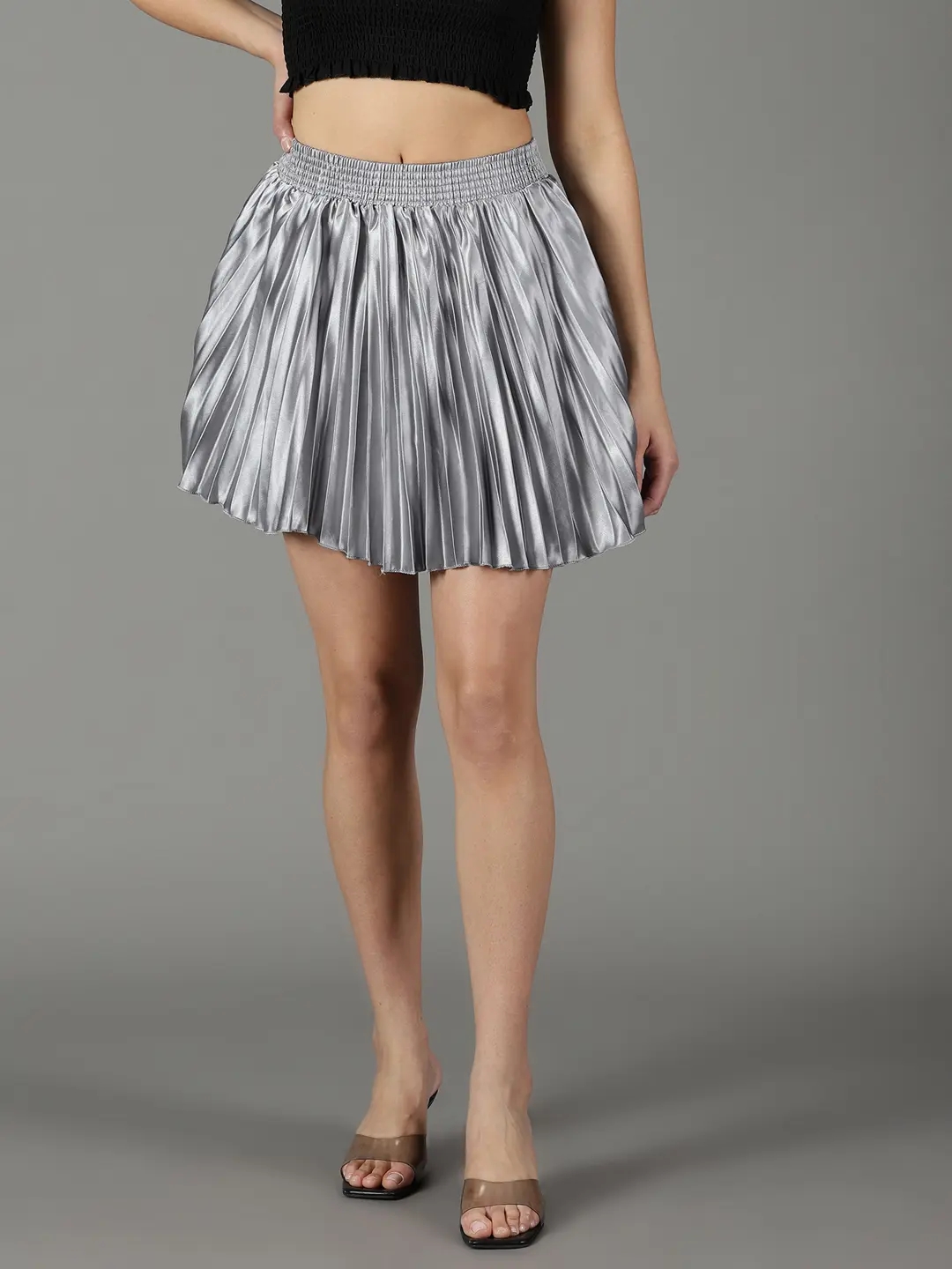 Showoff | SHOWOFF Women Grey Solid  Above Knee Flared Skirt 1
