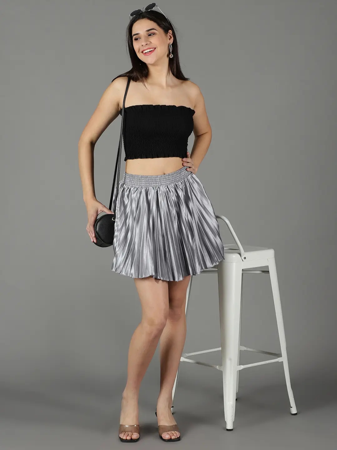 Showoff | SHOWOFF Women Grey Solid  Above Knee Flared Skirt 4