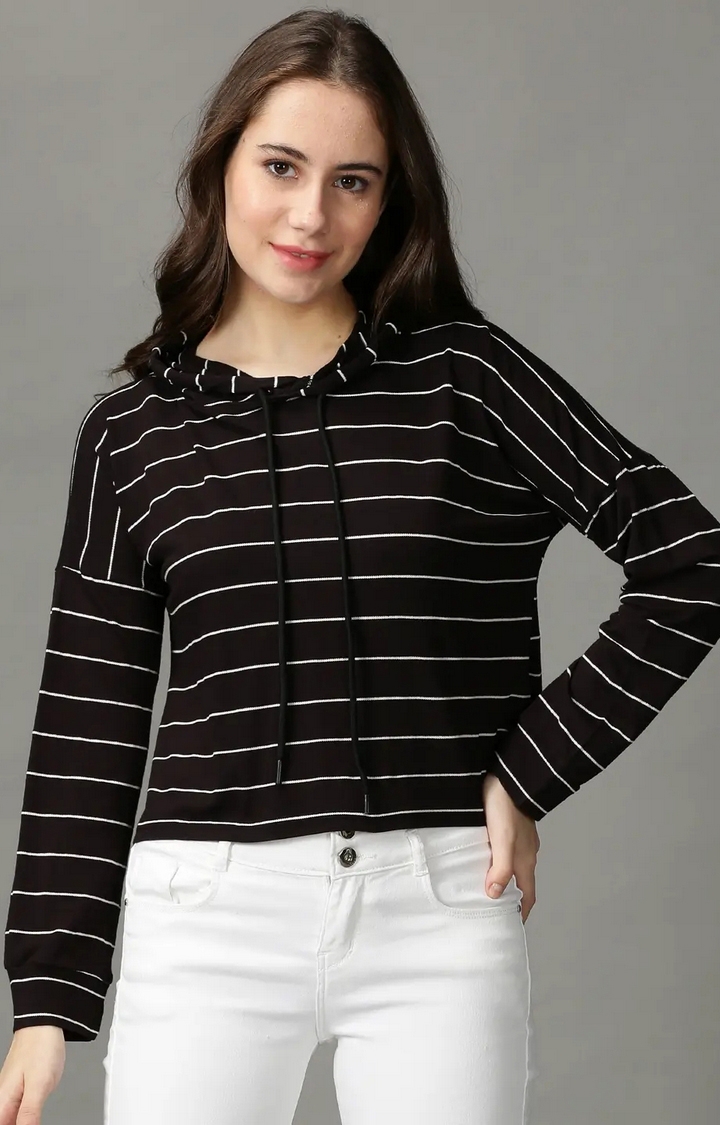 Showoff | SHOWOFF Women Black Striped  Hooded Full Sleeves Crop Top 0